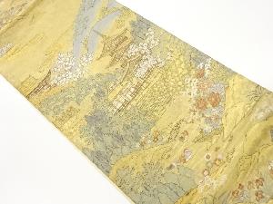 寺院に山並・木々・花々模様織出し全通袋帯